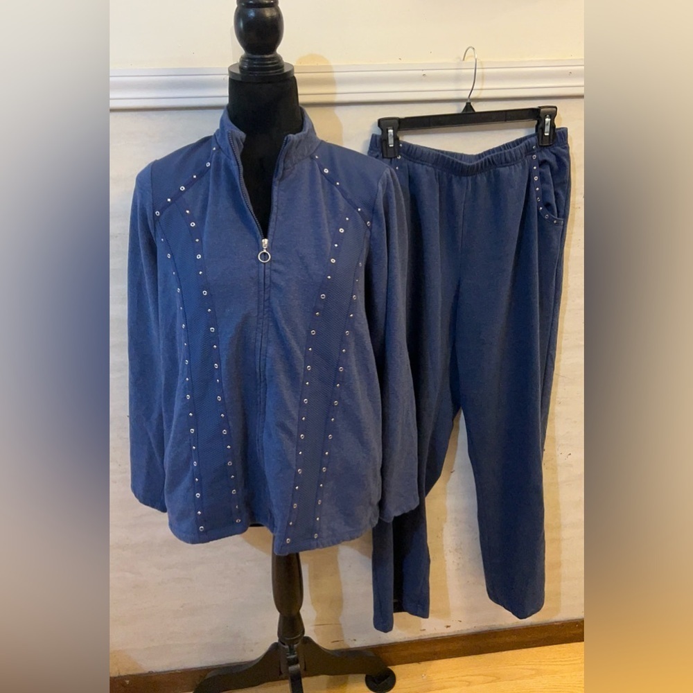 Alfred Dunner Blue Studded Track Pants & Jacket Set